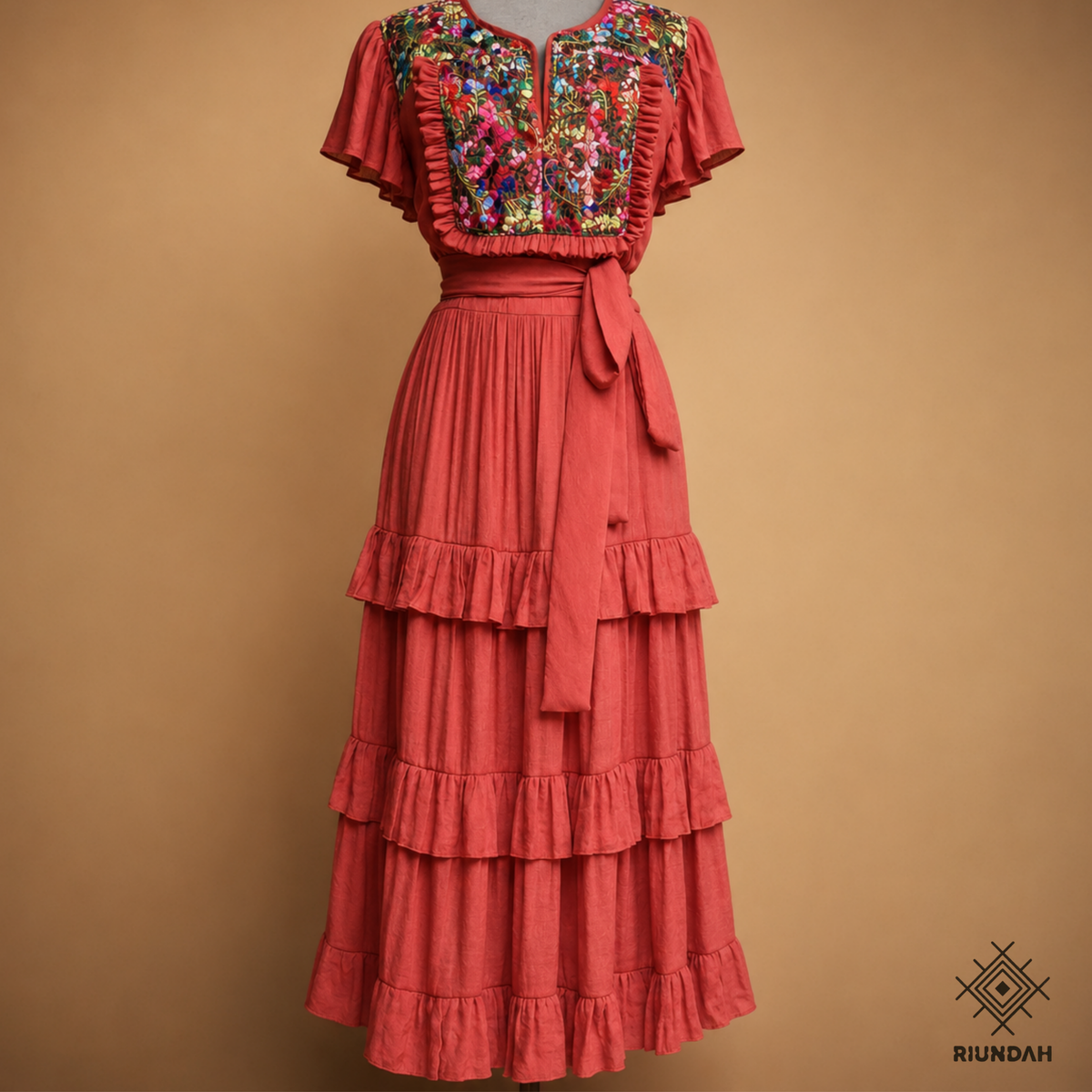 Vestido Bordado San Antonino Color Terracota